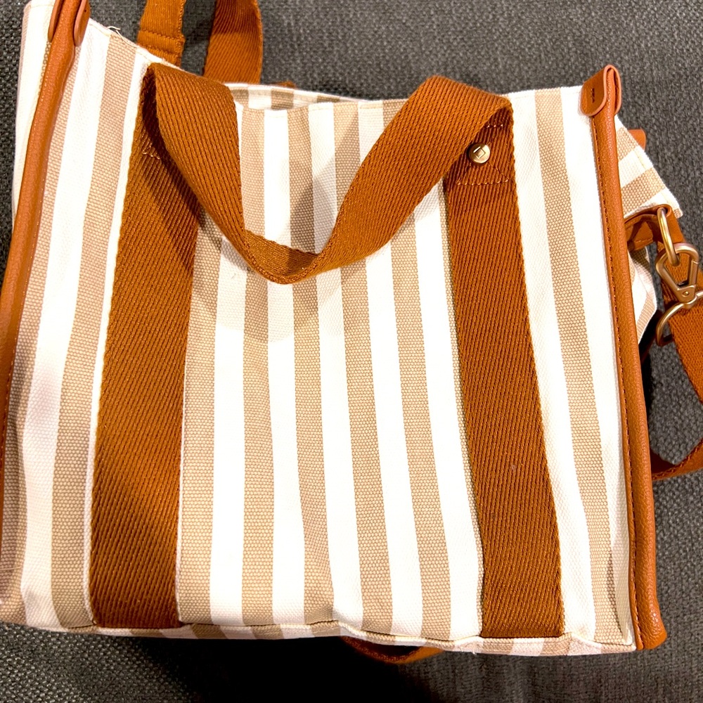 Thirty One Striped Tan and Cream Tote Bag